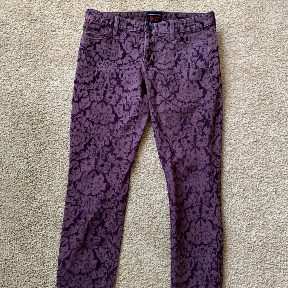 Banana Republic L’Wren Scott Burgundy Floral Jeans Purple Velvet  Size 27